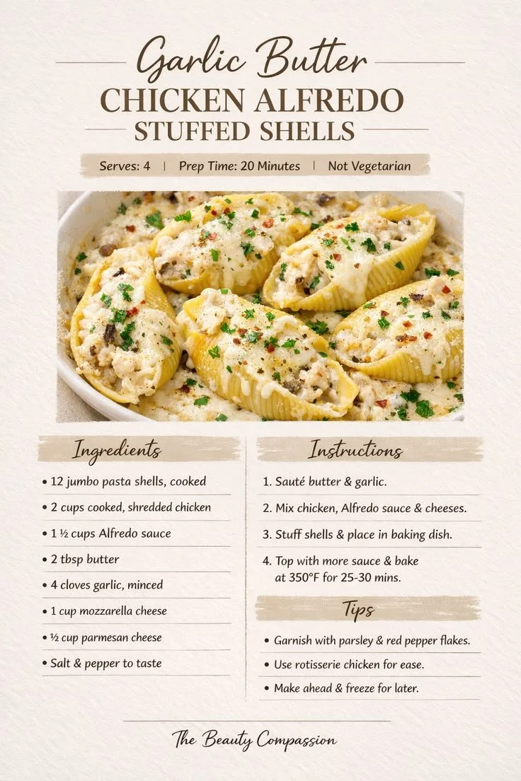 Garlic Butter Chicken Alfredo stuffed shells on a plate with garnishes