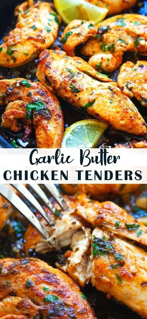 Juicy garlic butter chicken tenders served on a plate with herbs and spices