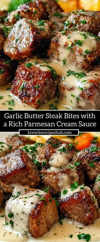 Garlic Butter Steak Bites with Parmesan Cream Sauce served on a plate