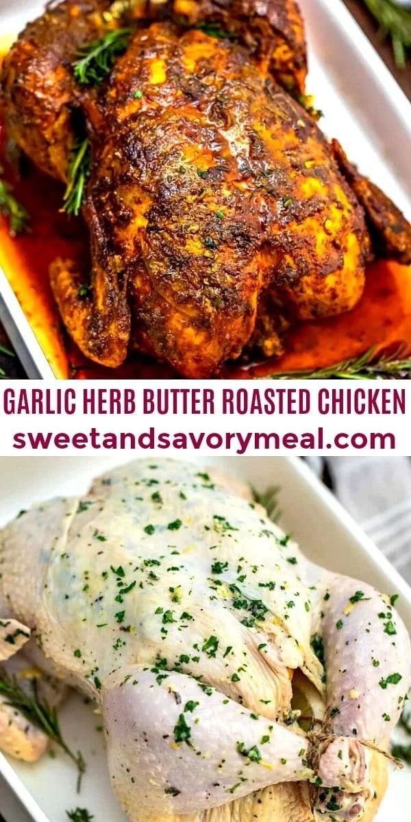 Garlic Herb Butter Roasted Chicken topped with fresh herbs and spices.