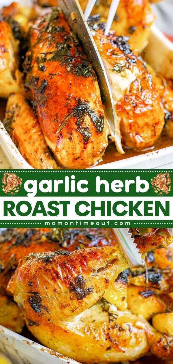 Delicious garlic herb roast chicken garnished with fresh herbs and garlic cloves