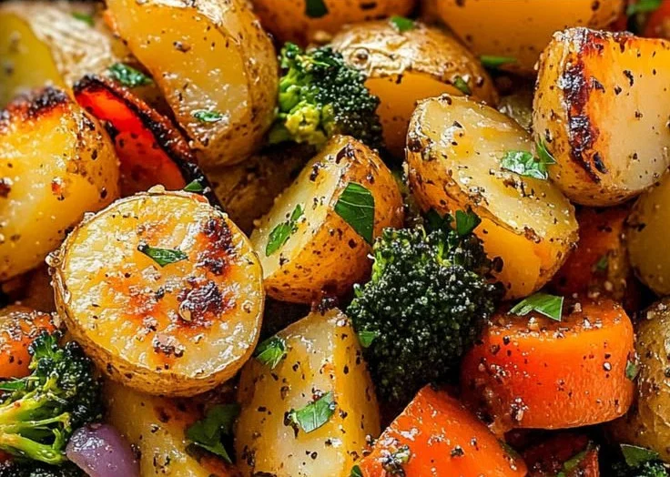Delicious Garlic Herb Roasted Potatoes and assorted veggies on a serving platter