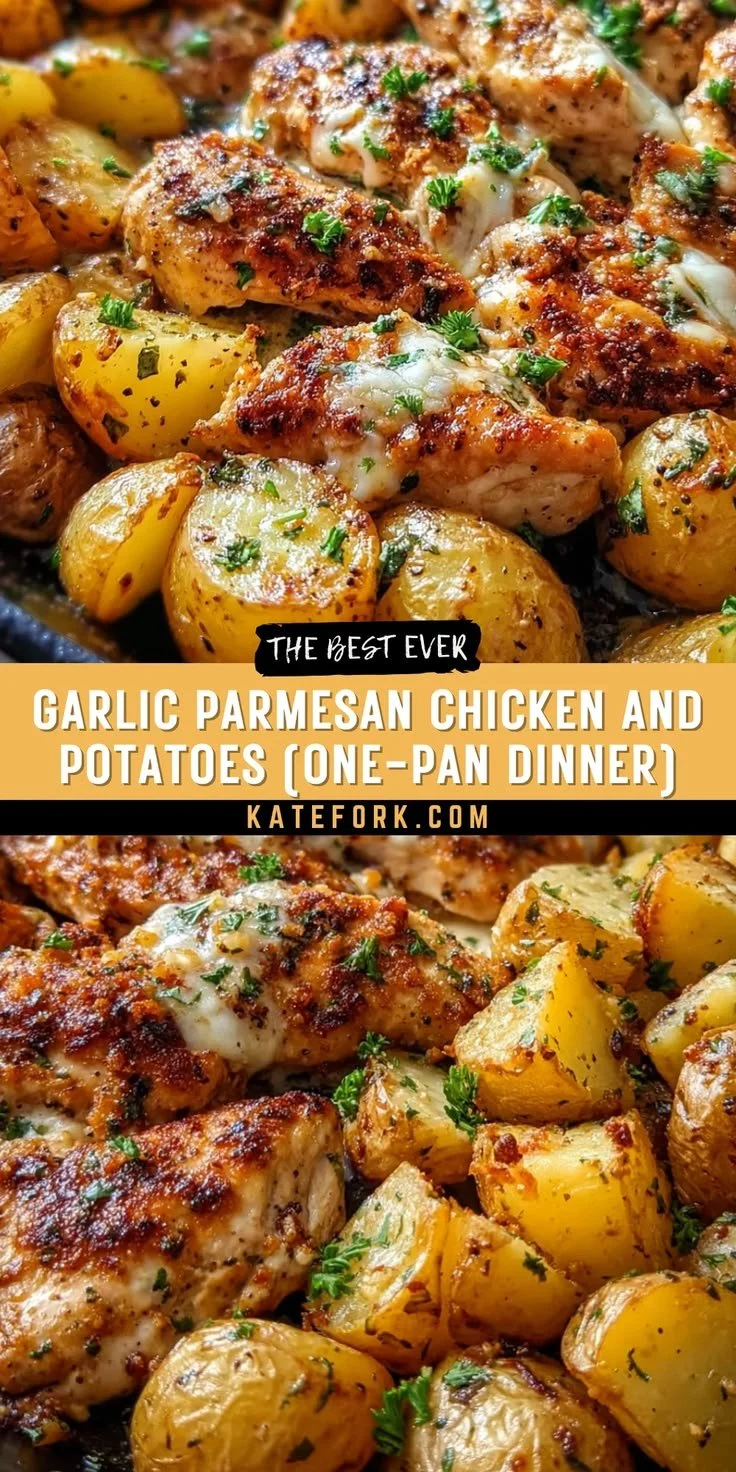 Garlic Parmesan Chicken served with potatoes in a one-pan dinner