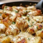 Garlic Parmesan Chicken and Potatoes Skillet in a cast iron pan