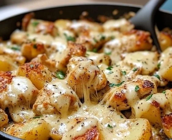 Garlic Parmesan Chicken and Potatoes Skillet in a cast iron pan