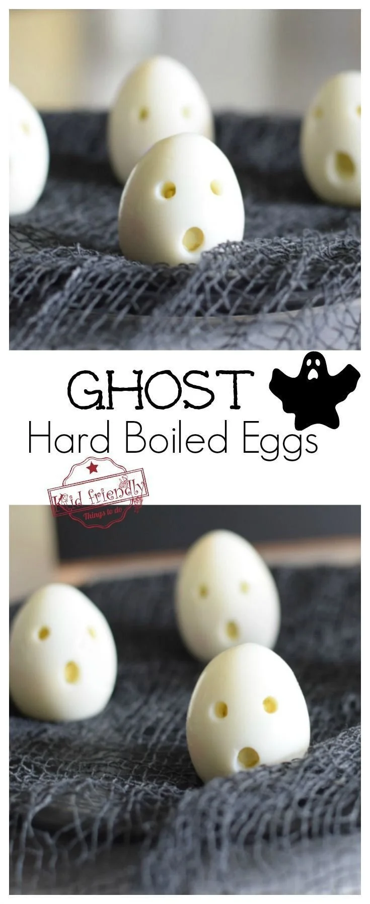 Spooky ghost hardboiled eggs decorated for Halloween