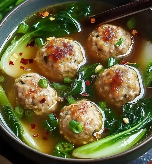 Bowl of Ginger Chicken Meatball Soup with Baby Bok Choy and fresh herbs