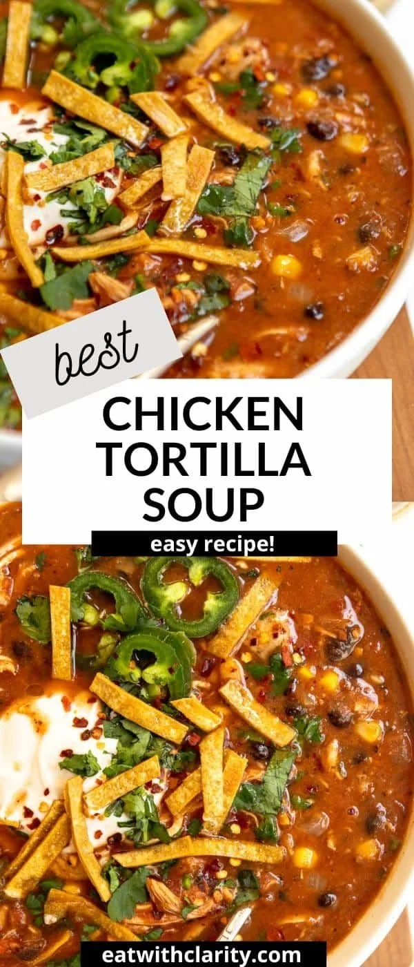 Delicious bowl of gluten free chicken tortilla soup with fresh toppings