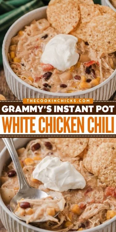 Bowl of Grammy's Instant Pot white chicken chili garnished with cilantro
