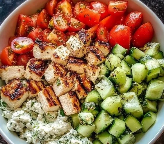 Delicious Greek Chicken Bowl topped with fresh vegetables and herbs.