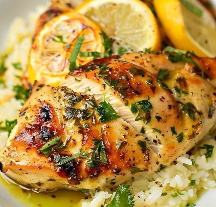 Delicious Greek Lemon Chicken served with herbs and lemon wedges