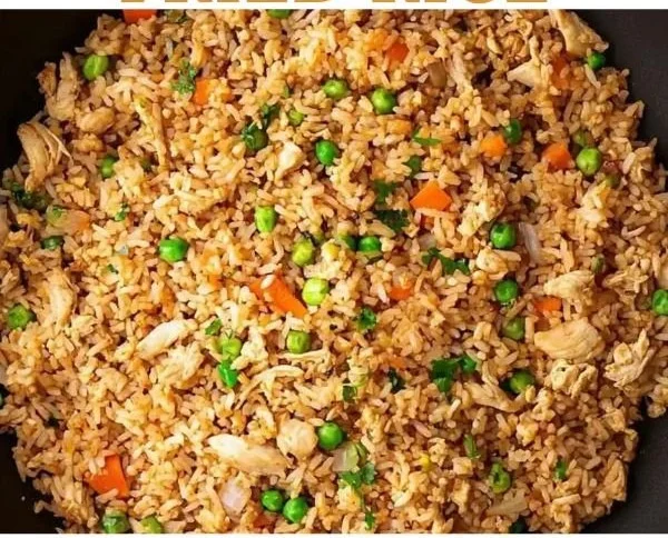 Quick ground chicken fried rice dish with colorful veggies and savory flavor