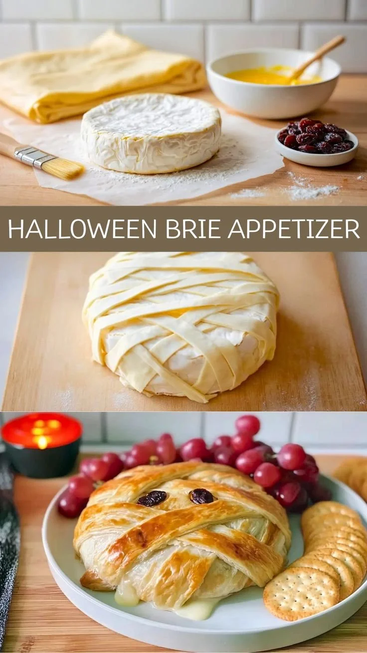 Halloween Baked Brie appetizer served with crackers and fruit