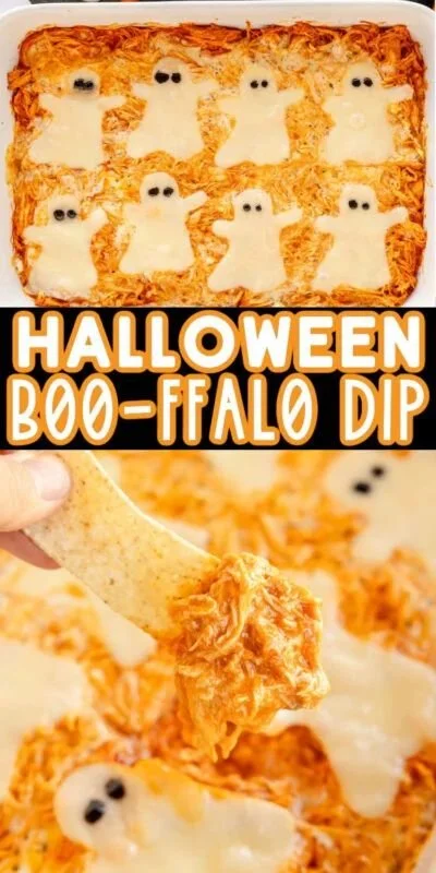 Halloween Boo-ffalo Chicken Dip in a spooky serving dish