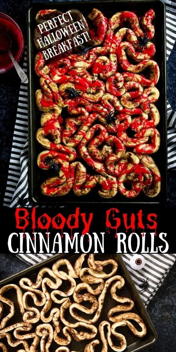 Halloween-themed Bloody Cinnamon Rolls with blood-red icing