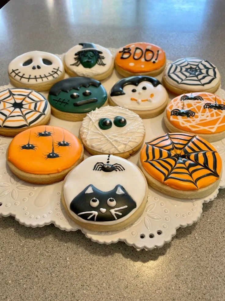 Colorful Halloween cookies shaped like ghosts, pumpkins, and bats