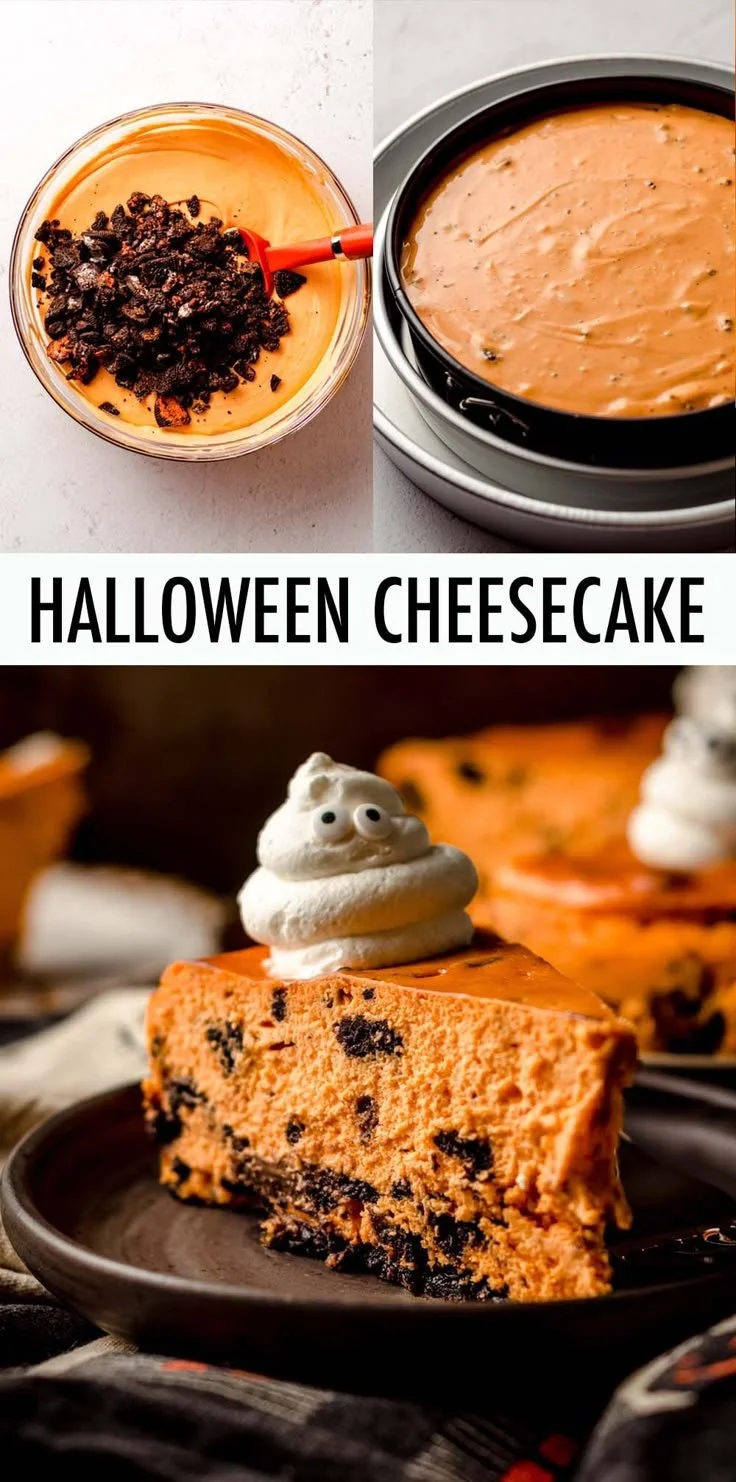 Halloween Cookies and Cream Cheesecake decorated for spooky celebrations