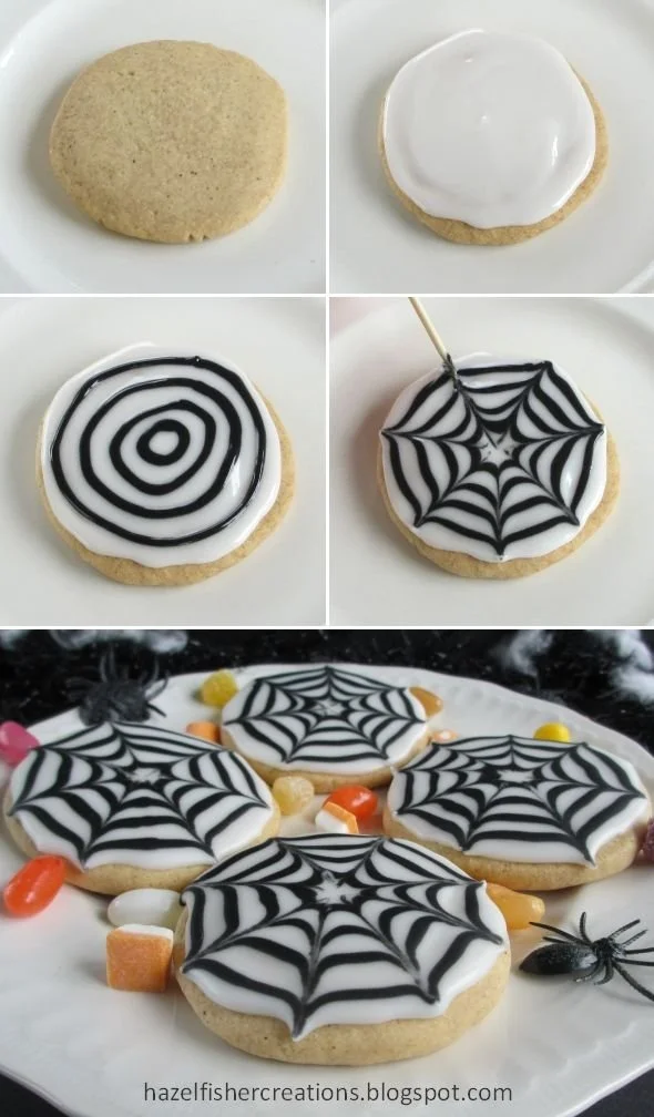 Colorful Halloween cookies decorated with spider web icing tutorial