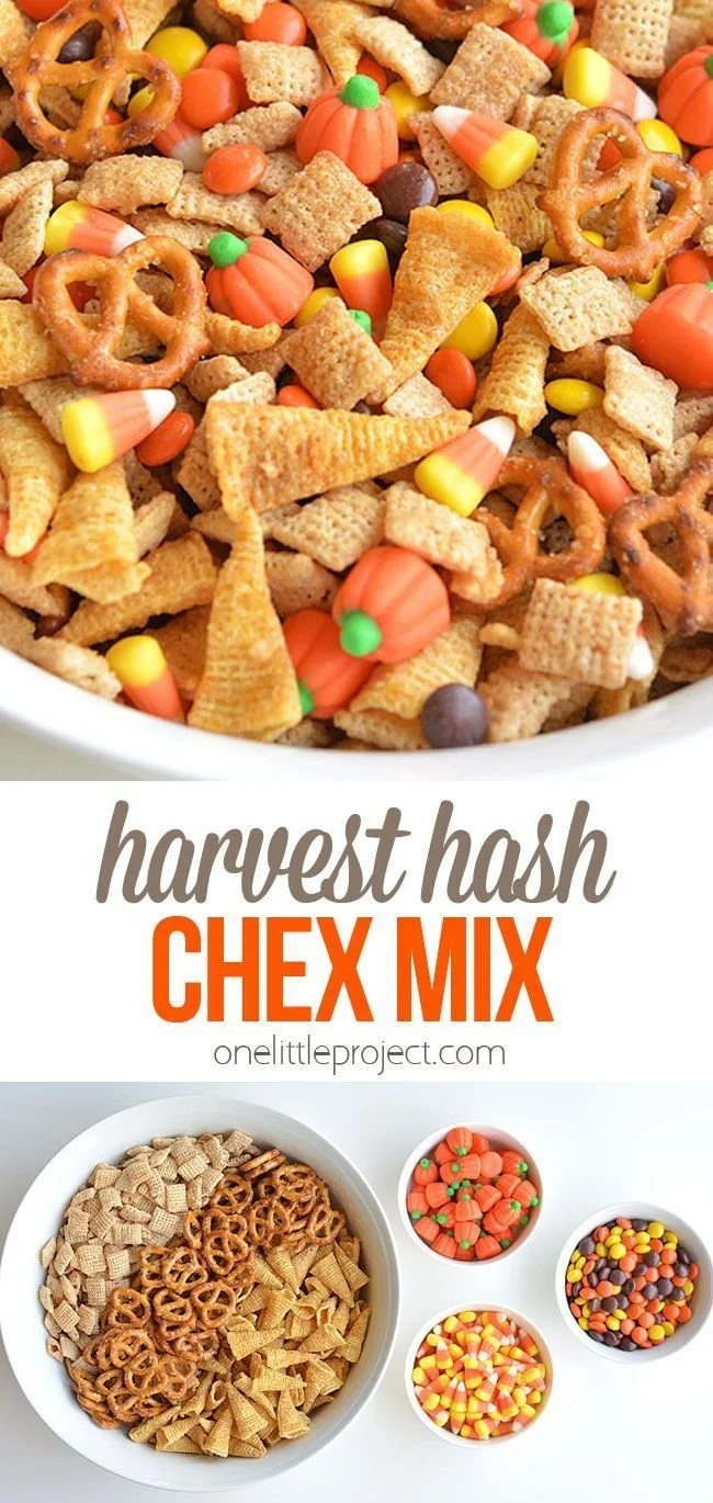 Colorful Halloween Chex Mix with spooky treats and festive themes