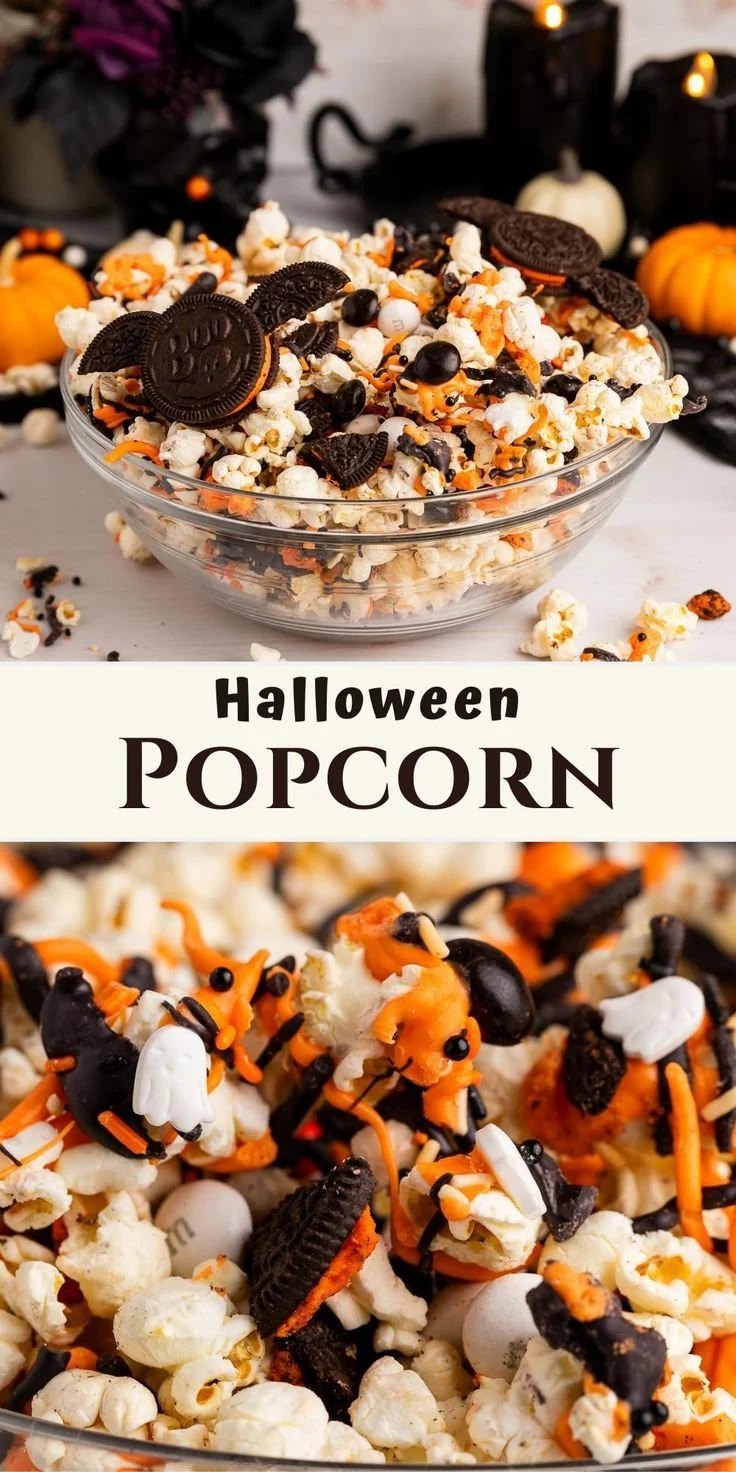A bowl of colorful Halloween popcorn decorated with candies and sprinkles.