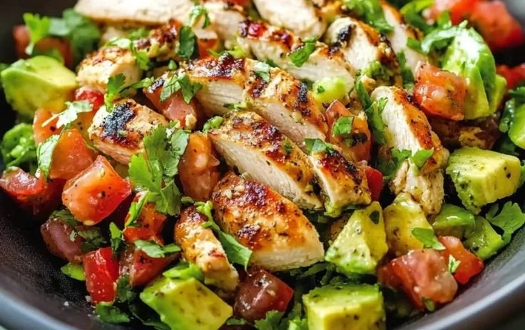 Healthy avocado chicken salad with fresh ingredients in a bowl