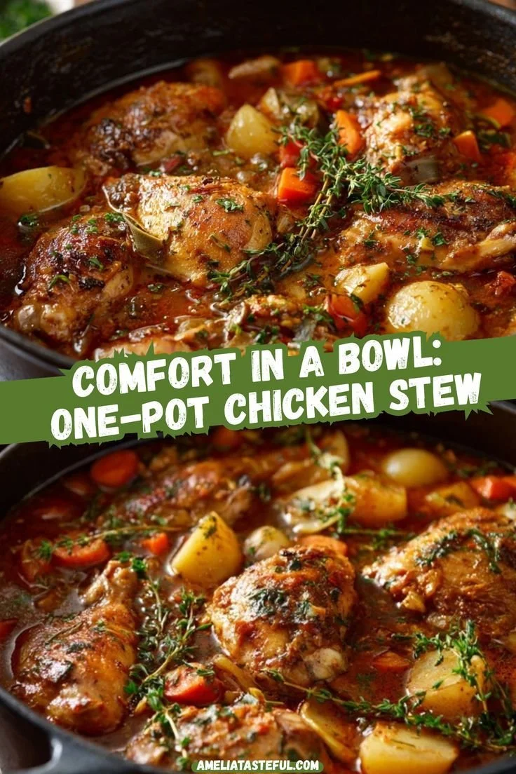 Hearty one-pot chicken stew in a bowl with fresh herbs