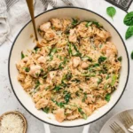 High Protein Chicken Orzo 3 High protein chicken orzo served in a bowl with fresh herbs and vegetables