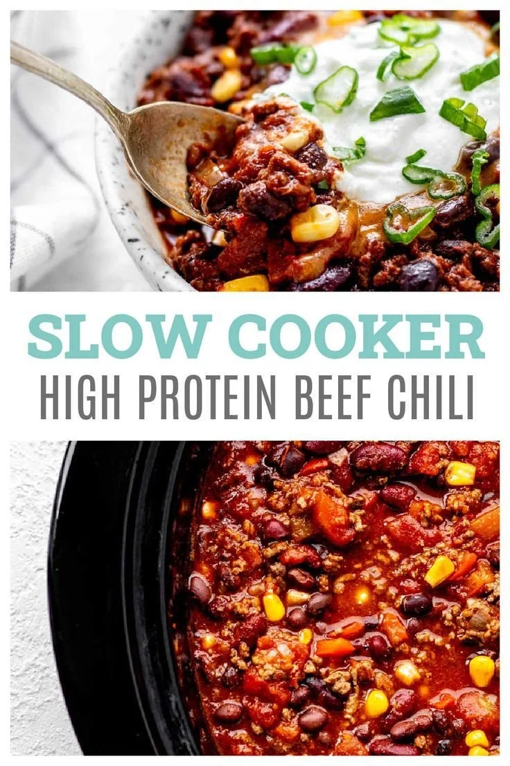 Bowl of high protein chili topped with fresh herbs and ingredients