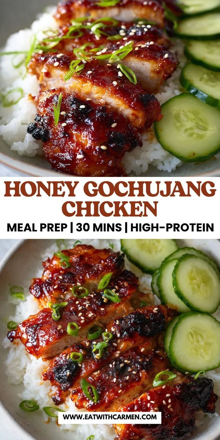 High-protein honey gochujang chicken served on a plate for meal prepping