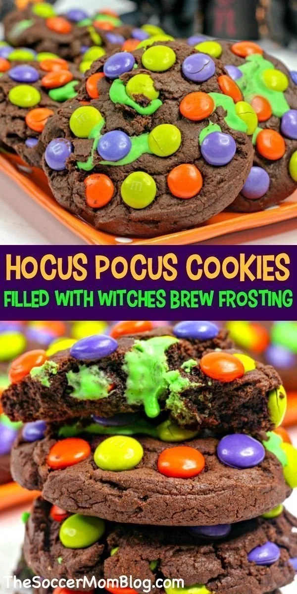 A variety of decorated Hocus Pocus Halloween cookies on a festive table