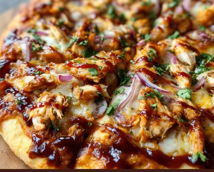 Homemade BBQ Chicken Pizza with caramelized onions and cilantro