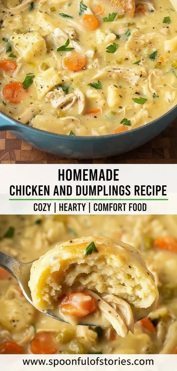 Homemade chicken dumplings with broth and vegetables in a bowl