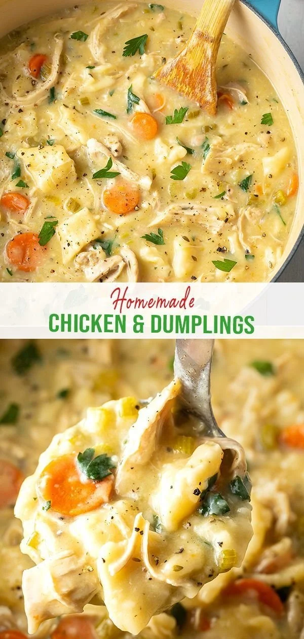Homemade chicken and dumplings recipe video showing delicious dish preparation.