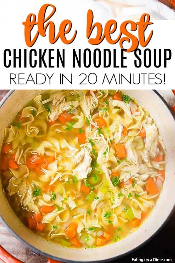 Warm bowl of homemade chicken noodle soup with herbs and vegetables