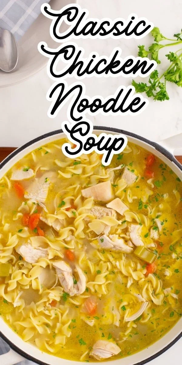 Bowl of homemade chicken noodle soup on a stovetop with fresh ingredients