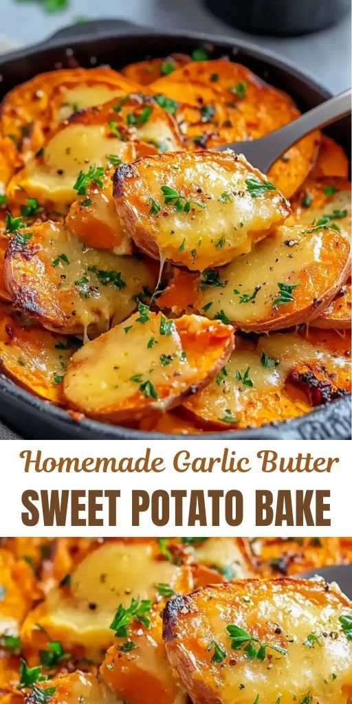 Homemade garlic butter sweet potato bake served in a dish