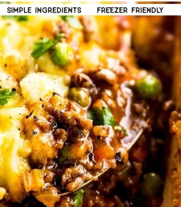 Delicious homemade Shepherd's Pie served in a dish with golden mashed potatoes on top