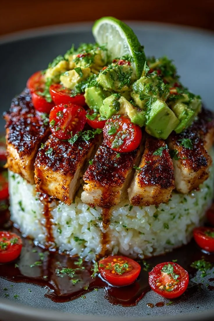 Honey Lime Chicken and Avocado Rice Stack plated for a quick dinner