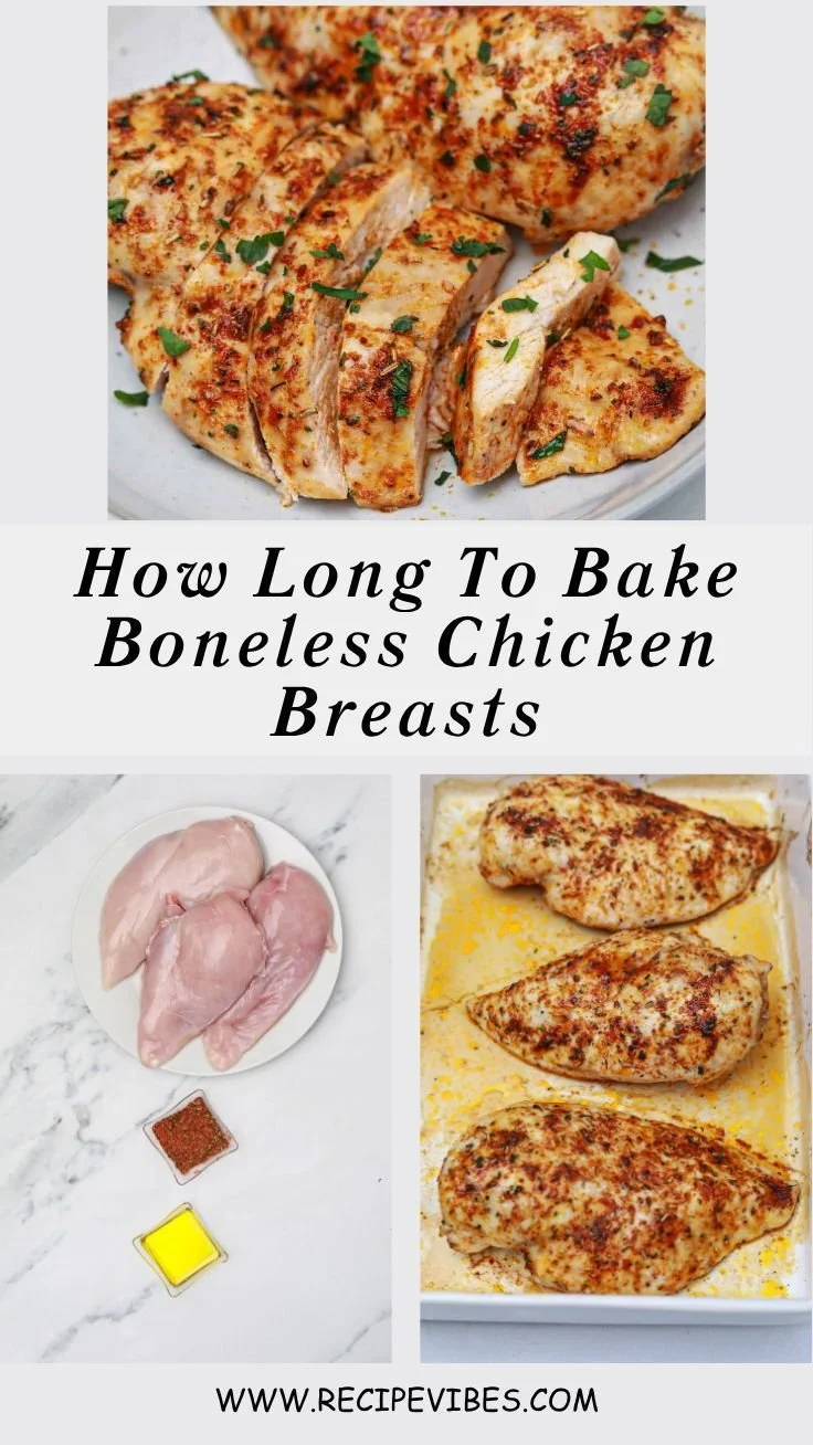 Baked boneless chicken breasts on a plate with herbs and lemon.