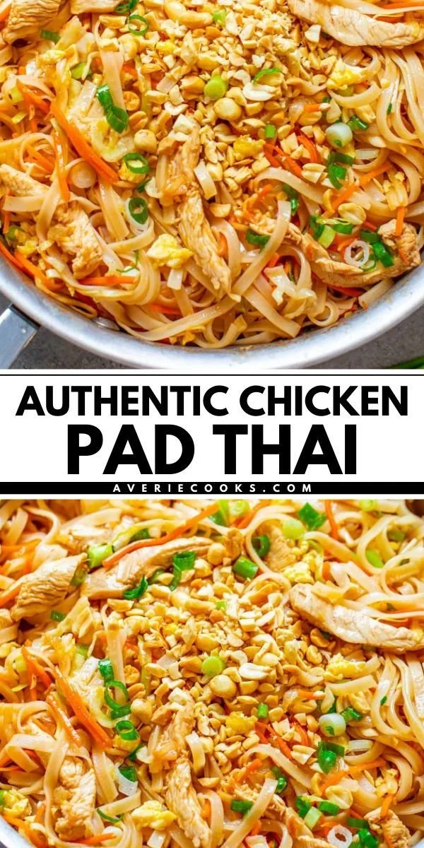 Delicious Chicken Pad Thai served with fresh vegetables and lime wedges