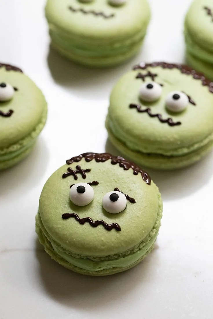 Delicious homemade Frankenstein Macarons decorated for Halloween.