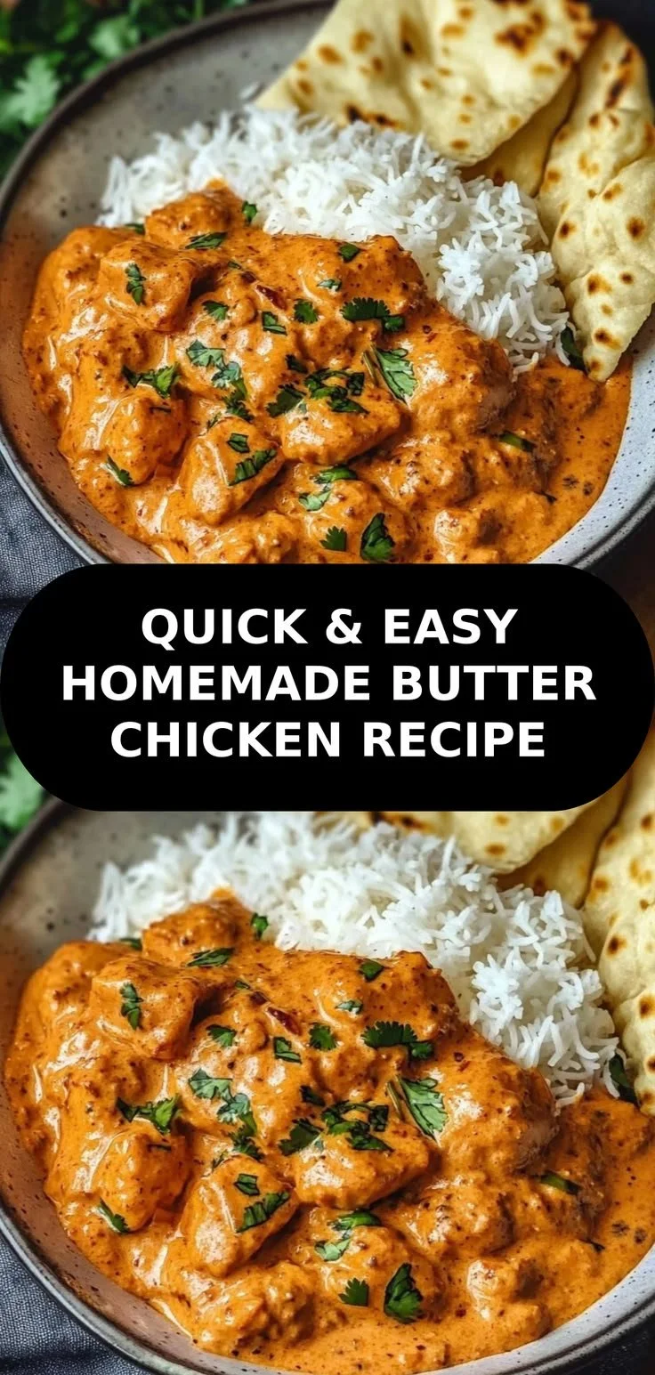 Delicious homemade butter chicken served with naan and rice