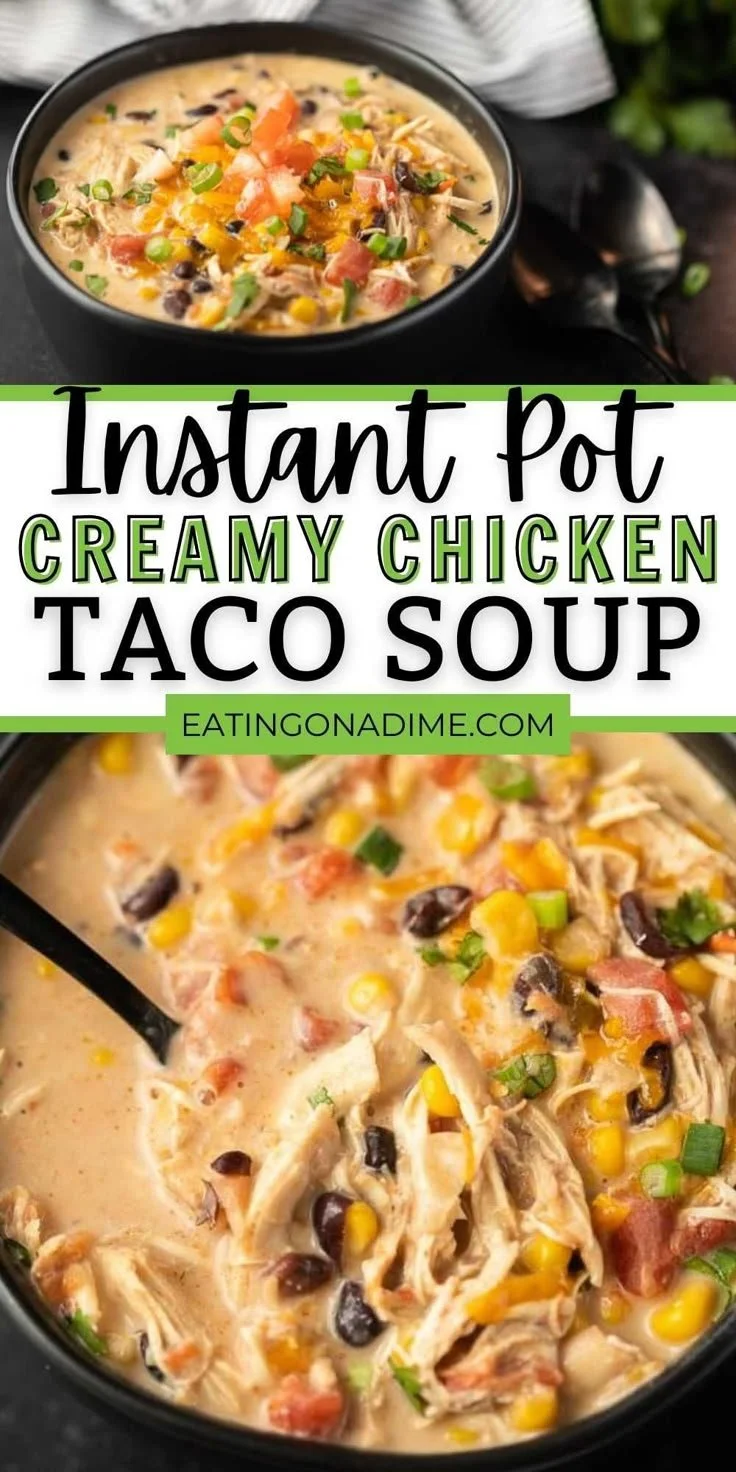 Bowl of Instant Pot chicken taco soup topped with cilantro and lime.