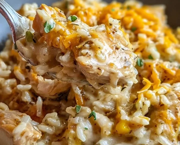 Delicious plate of creamy chicken and rice made in an Instant Pot for family dinners