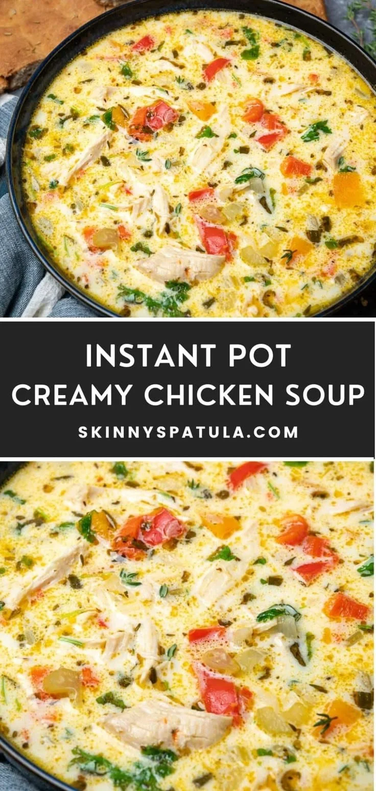 Bowl of Instant Pot Creamy Chicken Soup with garnishes