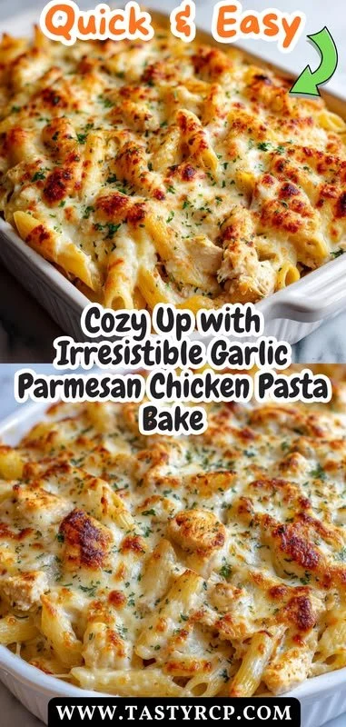 Baked garlic parmesan chicken pasta in a cozy kitchen setting