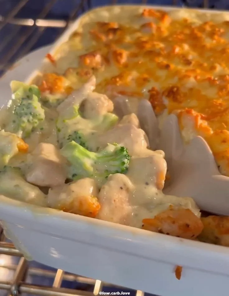 Low Carb Chicken Alfredo Bake with creamy sauce and chicken pieces