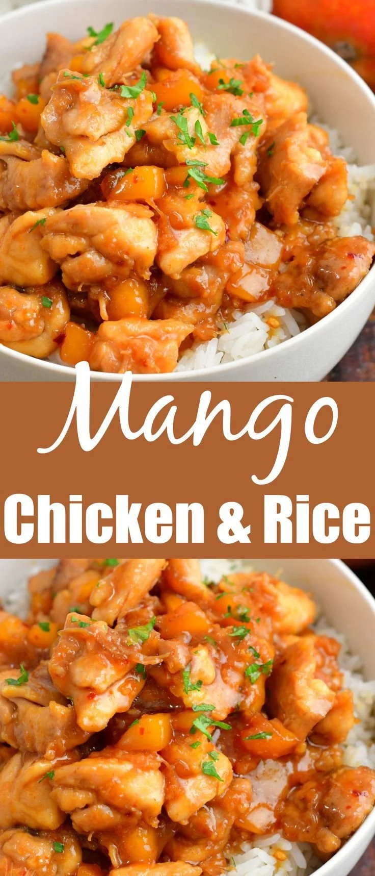 Delicious plate of Mango Chicken served with rice and colorful vegetables.