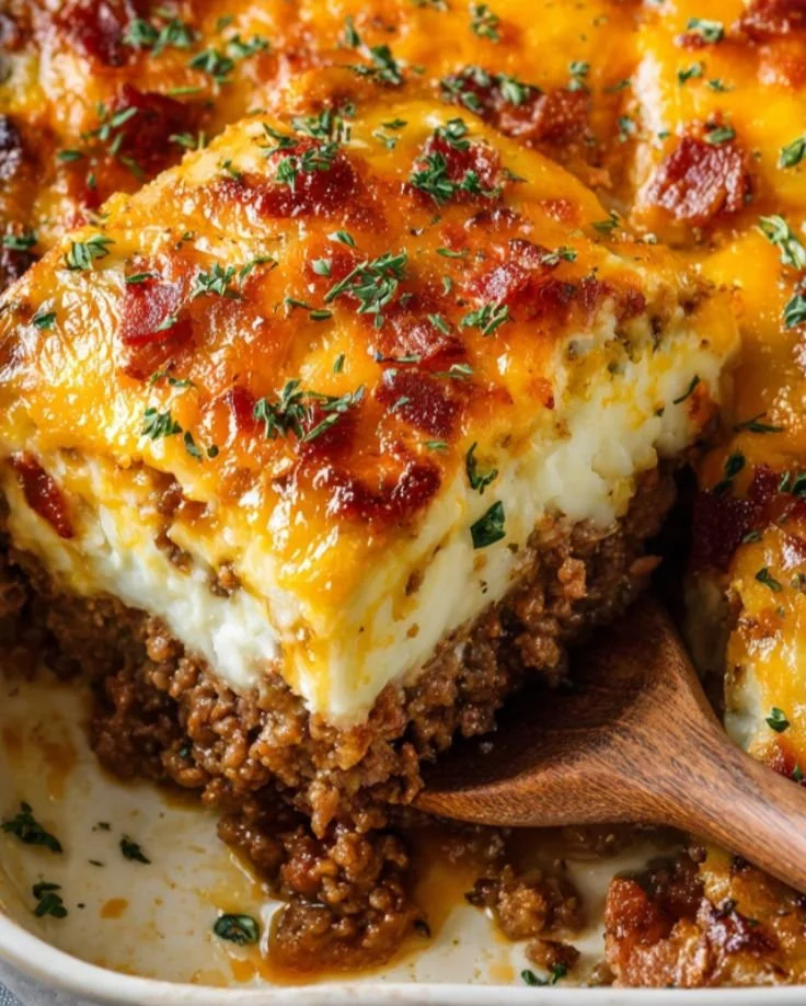 Meatloaf with mashed potatoes and cheese on a plate