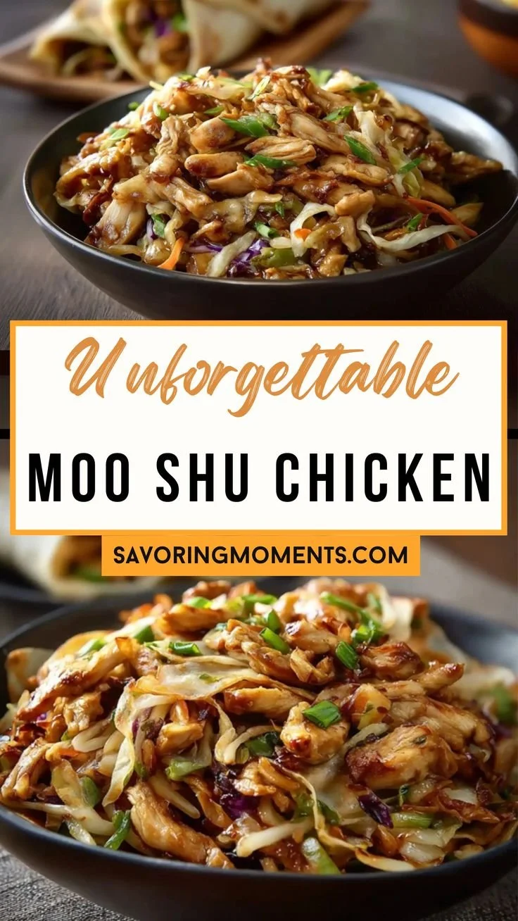 Plate of homemade Moo Shu Chicken with vegetables and pancakes